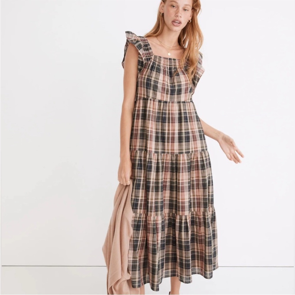 MADEWELL Flutter sleeve plaid maxi dress, size small
